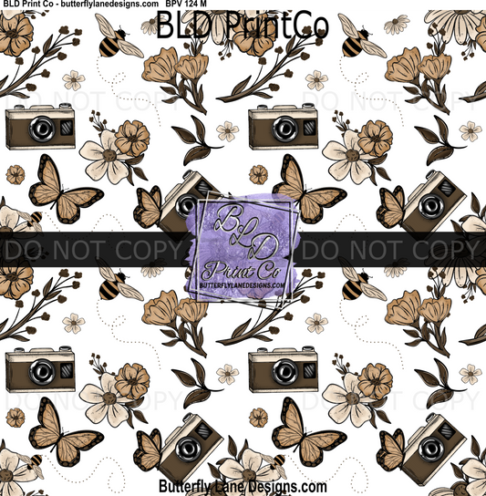 Vintage Soul Camera & Botanical | Retro Butterfly Sepia Seamless Pattern | BPV124