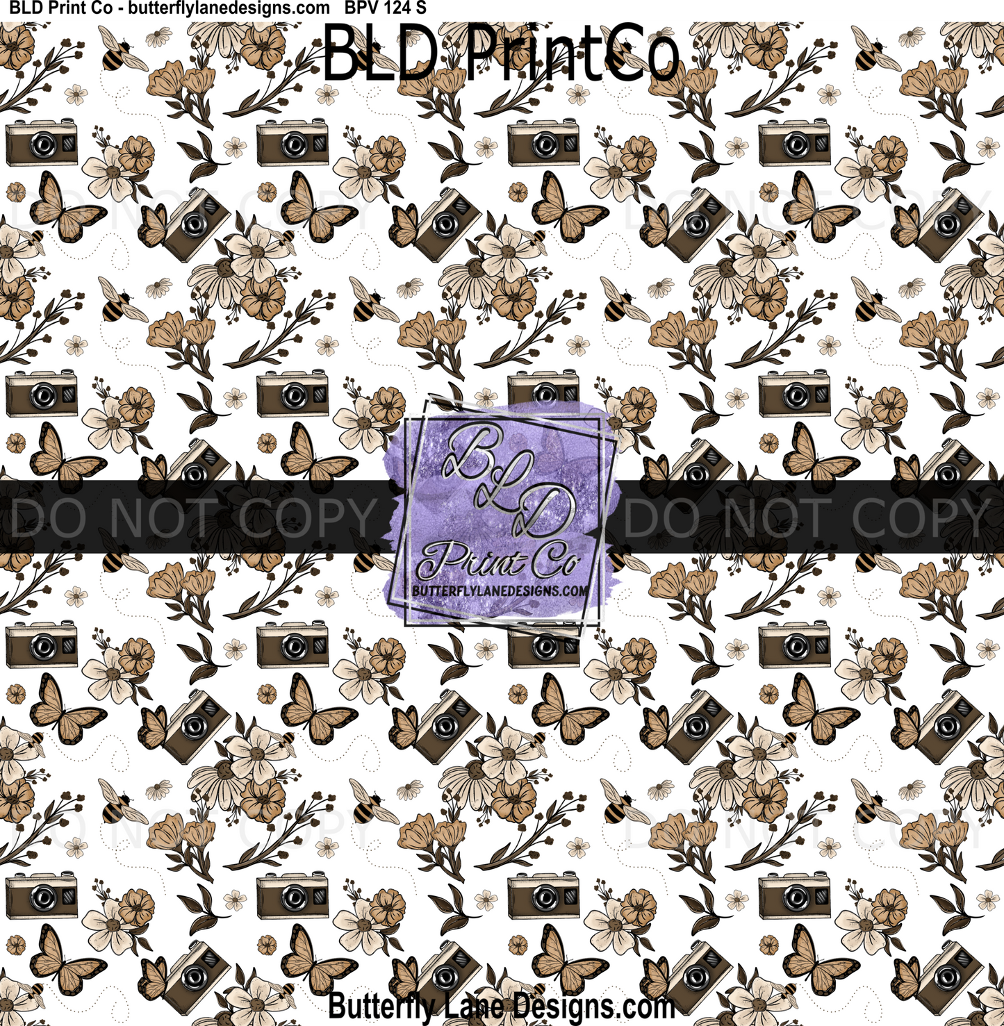 Vintage Soul Camera & Botanical | Retro Butterfly Sepia Seamless Pattern | BPV124