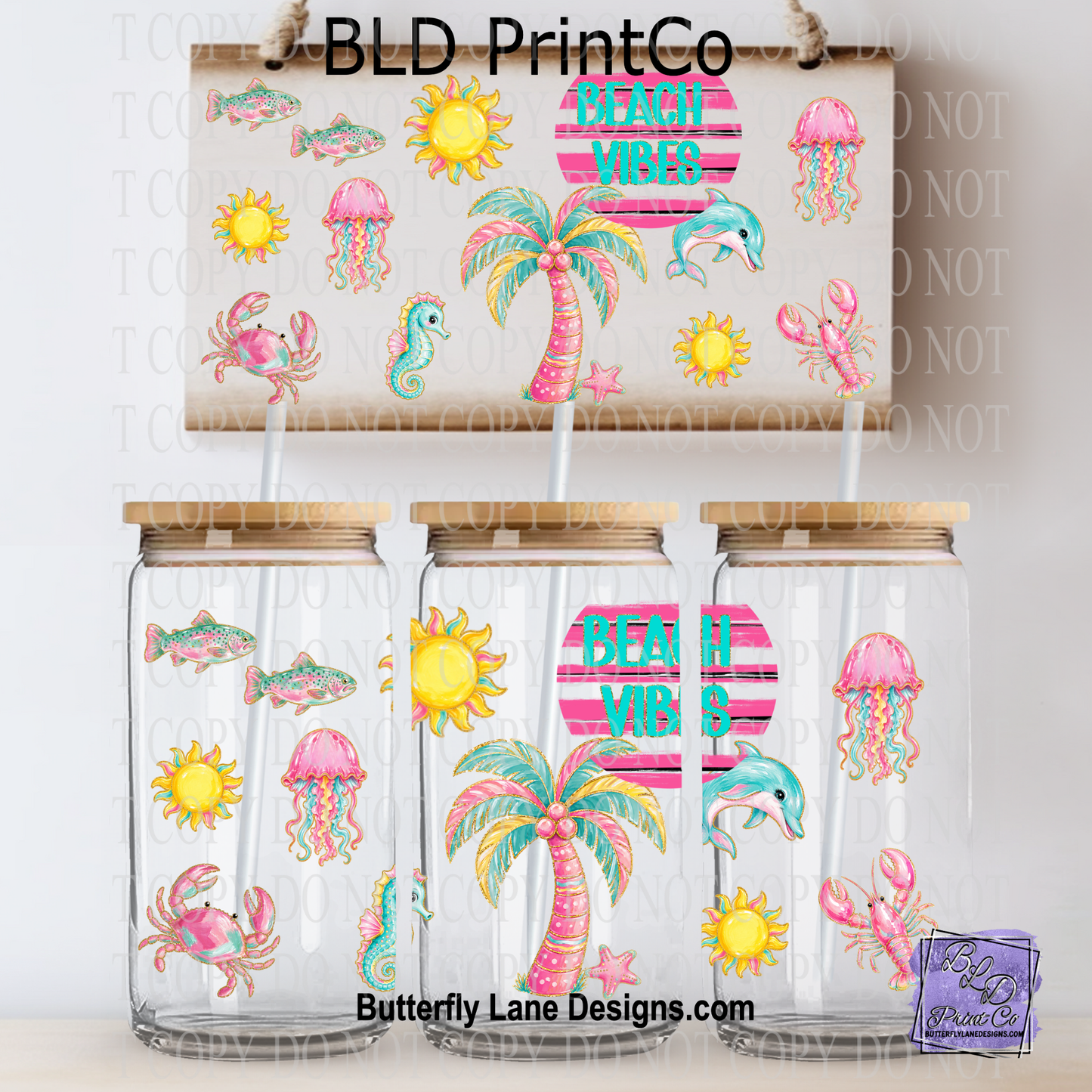 Beach Vibes | Neon Palm Tree & Dolphin Glass Can Wrap | L1042