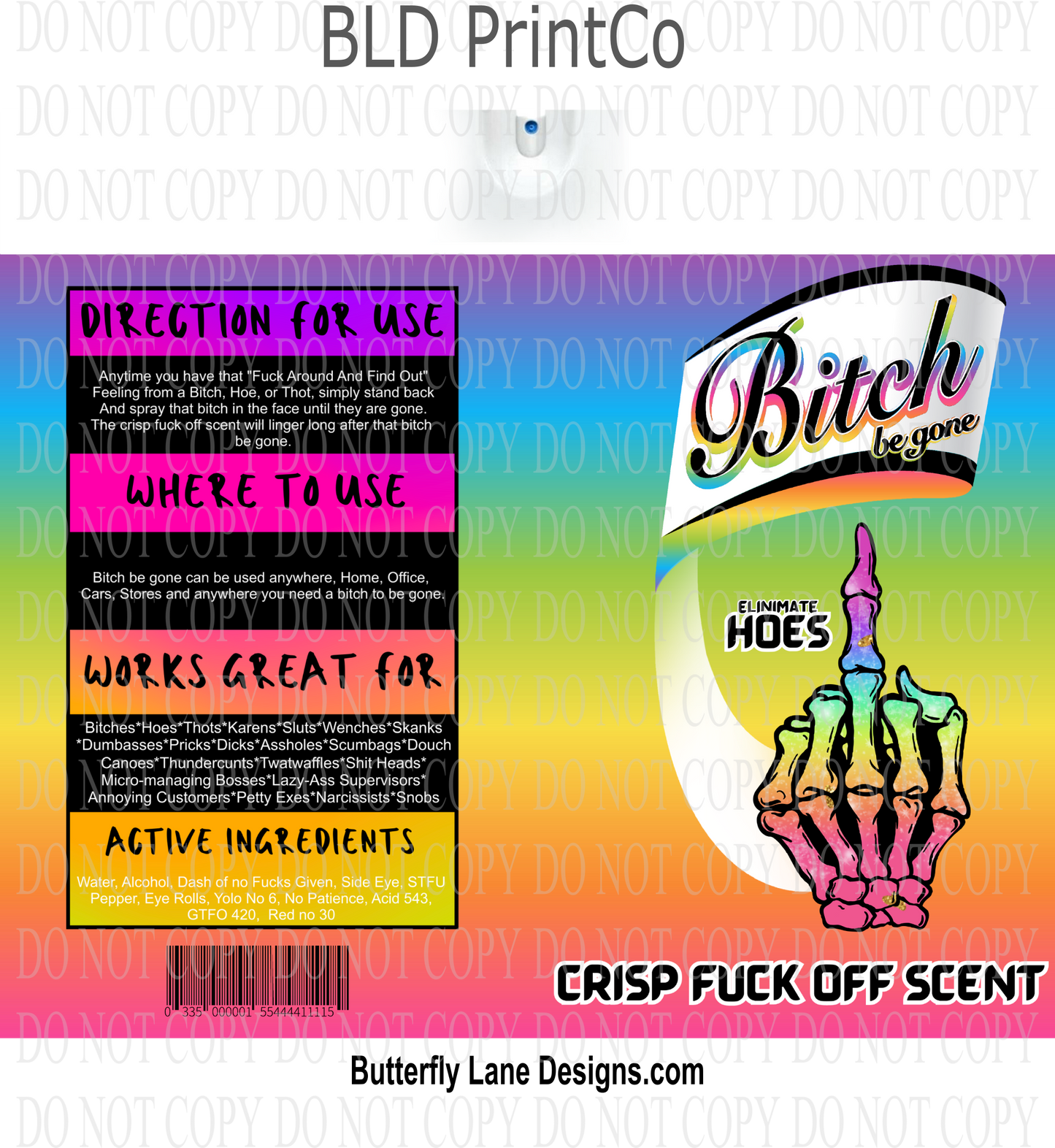 Bitch Be gone--Adult themed wrap: Skelly Middle Finger Rainbow 3 Tumbler wrap