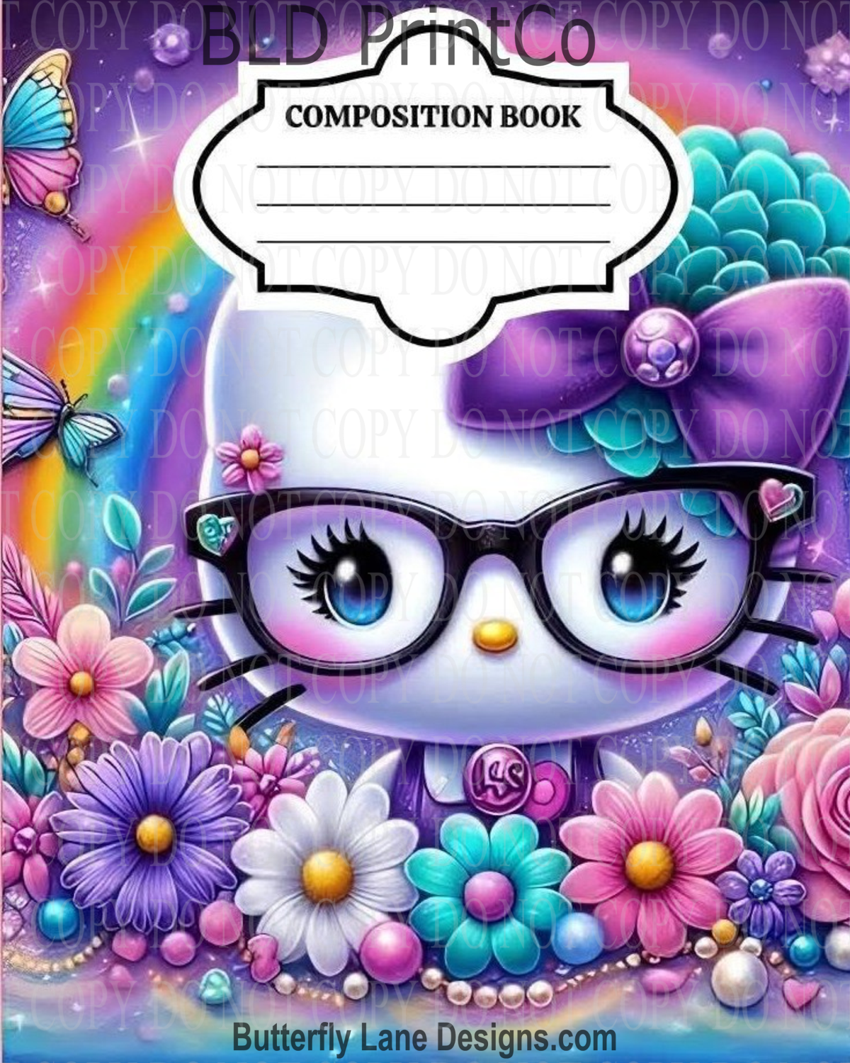 Kitty with Glasses Garden | Composition Notebook Cover | C117