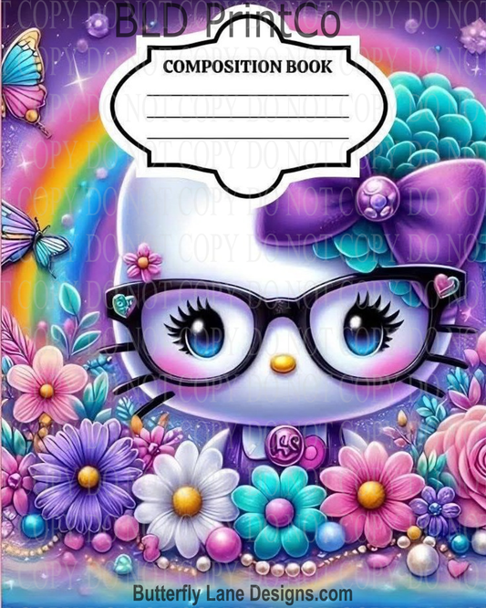 Kitty with Glasses Garden | Composition Notebook Cover | C117
