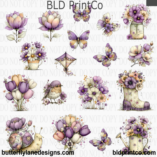 Whimsical Purple Spring Florals | Garden Butterfly & Bird Accents | CAPS78