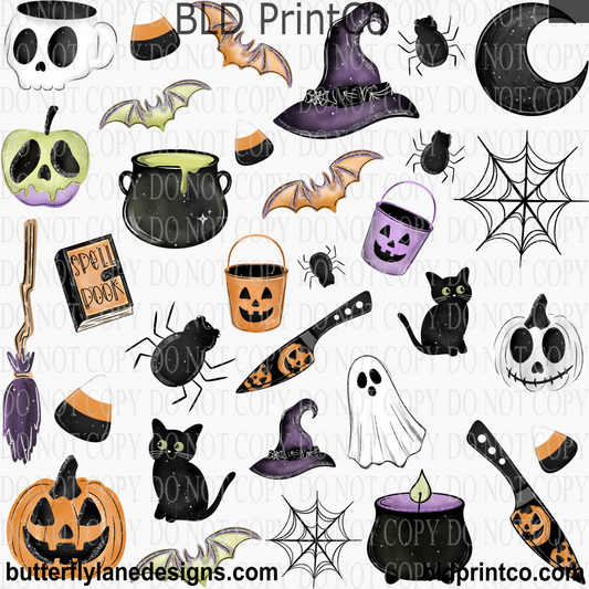 Spooky Halloween Elements | Witch Hat, Black Cat & Skull Sheet | CAPS 89