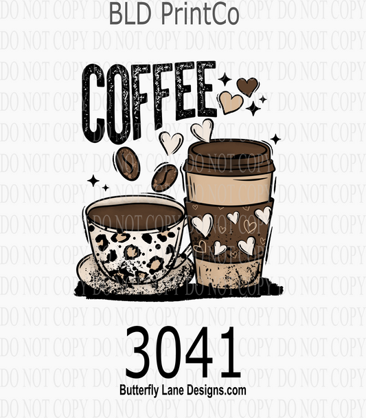 Leopard Coffee Love | Hand-Drawn Cups & Floating Hearts | D3041