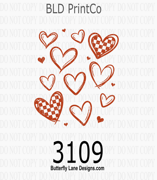 Valentine | Red Doodle Hearts & Checkered Pattern | D3109
