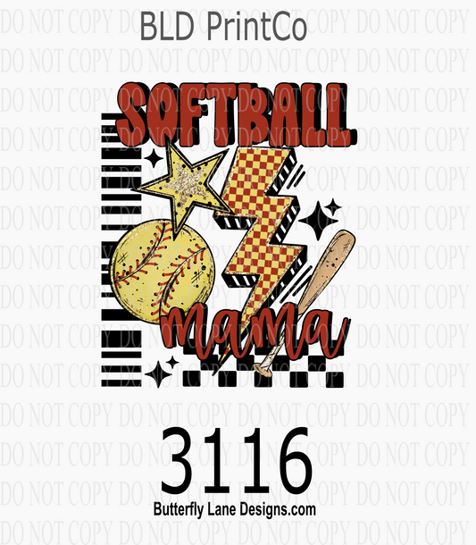Retro Softball Mama | Glitter Stars & Checkered Lightning Bolt | D3116