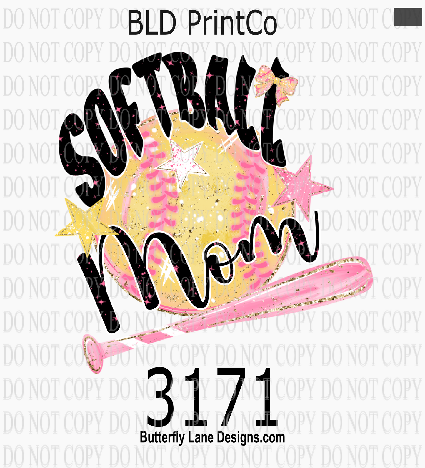 Softball Mom | Pink Glitter Bat, Stars & Bow | D3171