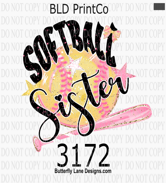 Softball Sister | Pink Glitter Bat, Stars & Bow | D3172