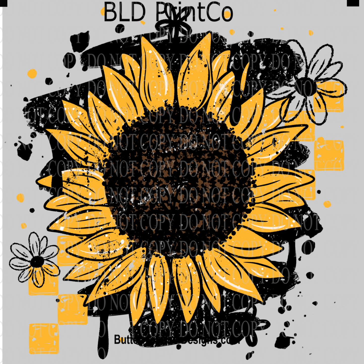 Grunge Sunflower | Distressed Black Brush Strokes & Yellow Checkers | D3229