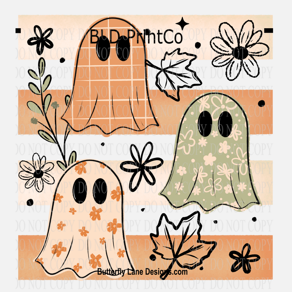 Retro Checkered Floral Ghosts | Fall Leaves & Daisies Decal | D3236