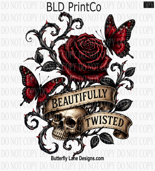 Beautifully Twisted | Dark Gothic Rose & Red Butterflies Skull | D3377