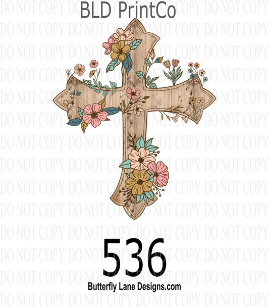 Country wood cross with pastel florals - D536   ::  Clear Decal :: VC Decal