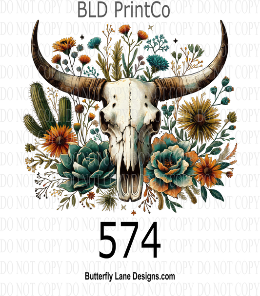D574 Floral Bull Skull ::  Decal
