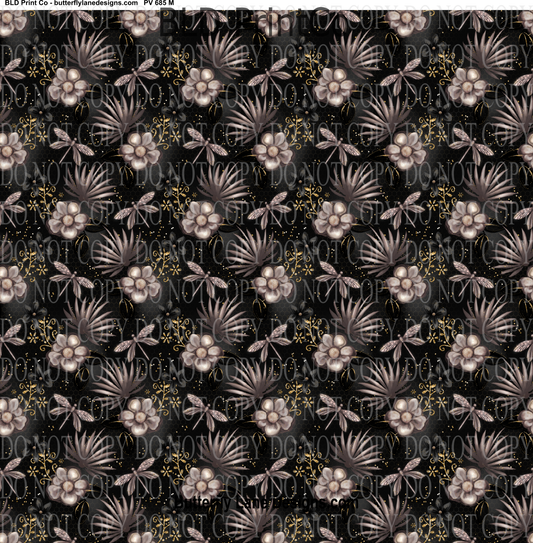 Florals & Dragon flies with gold and black accents-  -  PV 685     Patterned Vinyl