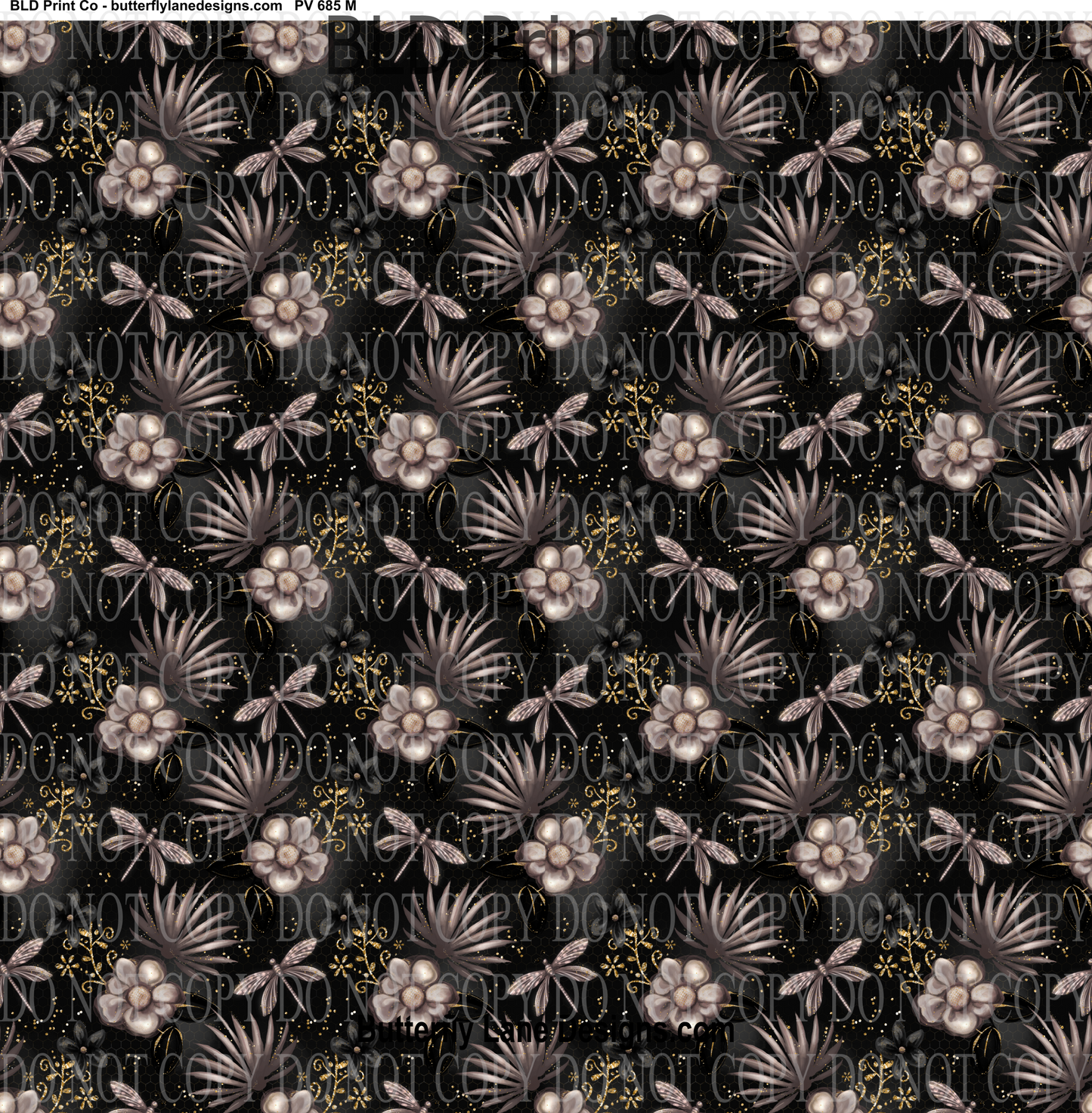 Florals & Dragon flies with gold and black accents-  -  PV 685     Patterned Vinyl