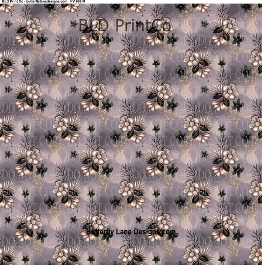Florals with gold and black accents-purple-lavender hues  -  PV 686     Patterned Vinyl