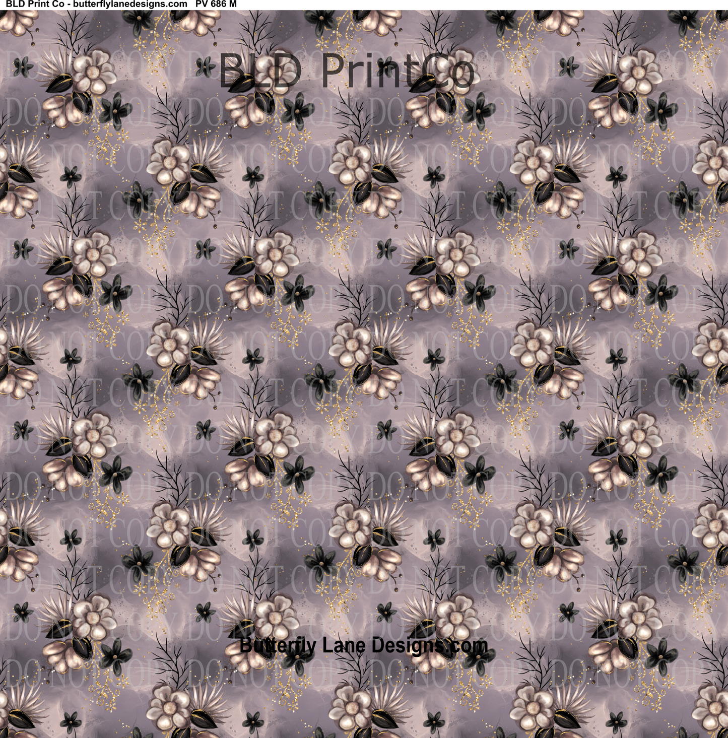 Florals with gold and black accents-purple-lavender hues  -  PV 686     Patterned Vinyl