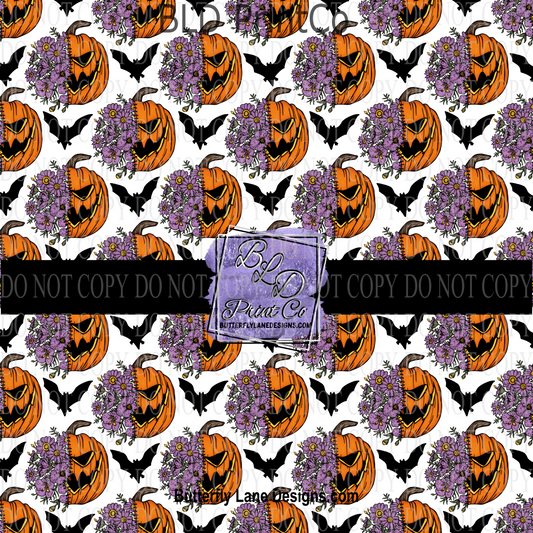 Halloween Jack O'Lantern with purple florals and bats  PV 698  Med   Patterned Vinyl