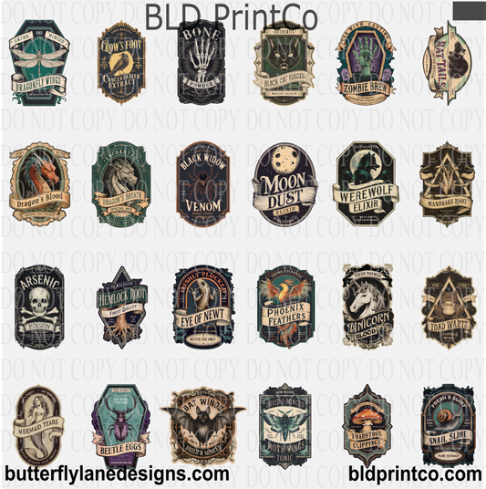 UV DTF Decal Element Sheets caps 95 Poison-Potions Labels- MINIs