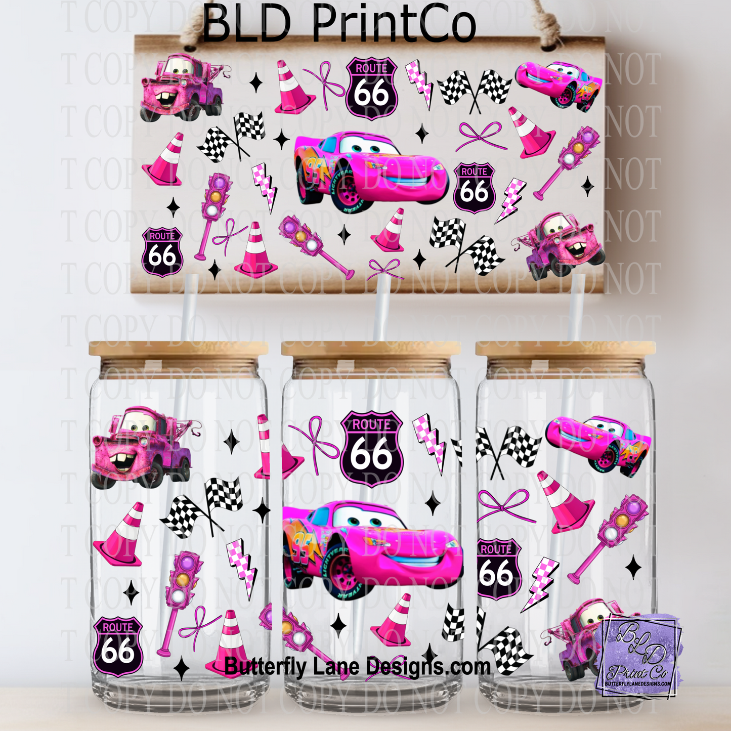 Pink Racing Cars | Ribbon Bows & Checkered Route 66 | L1089