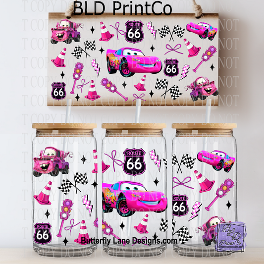 Pink Racing Cars | Ribbon Bows & Checkered Route 66 | L1089