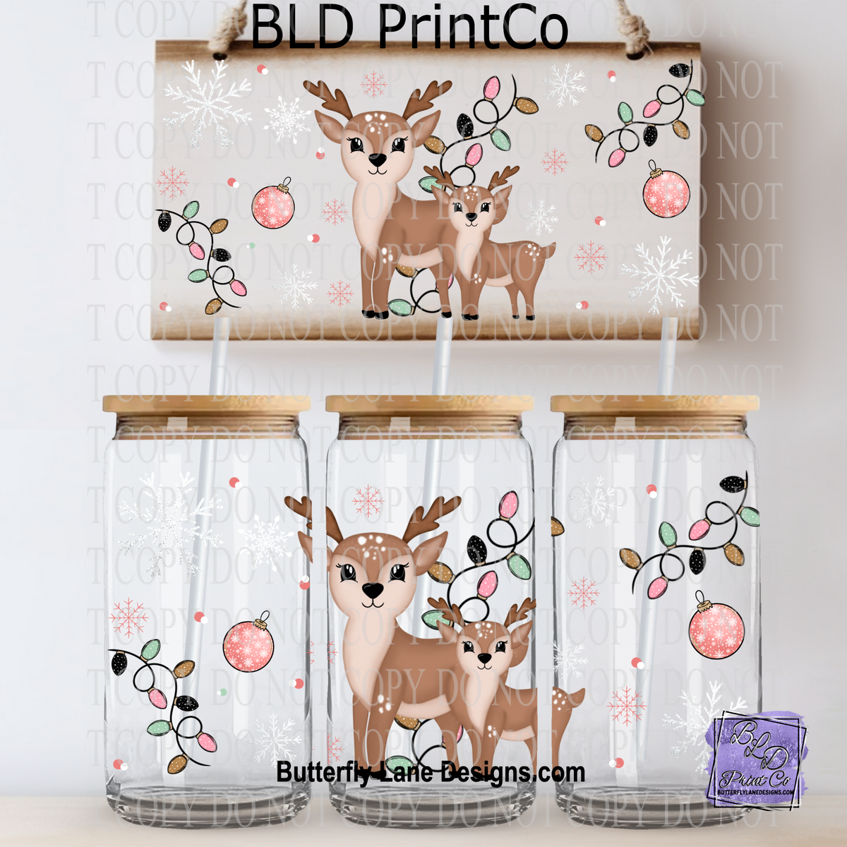 Cute Reindeer & Fawn | Christmas String Lights & Snowflakes | L1101
