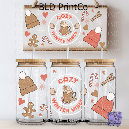 L617-W Cozy winter vibes-white circle - UV DTF Libbey wrap