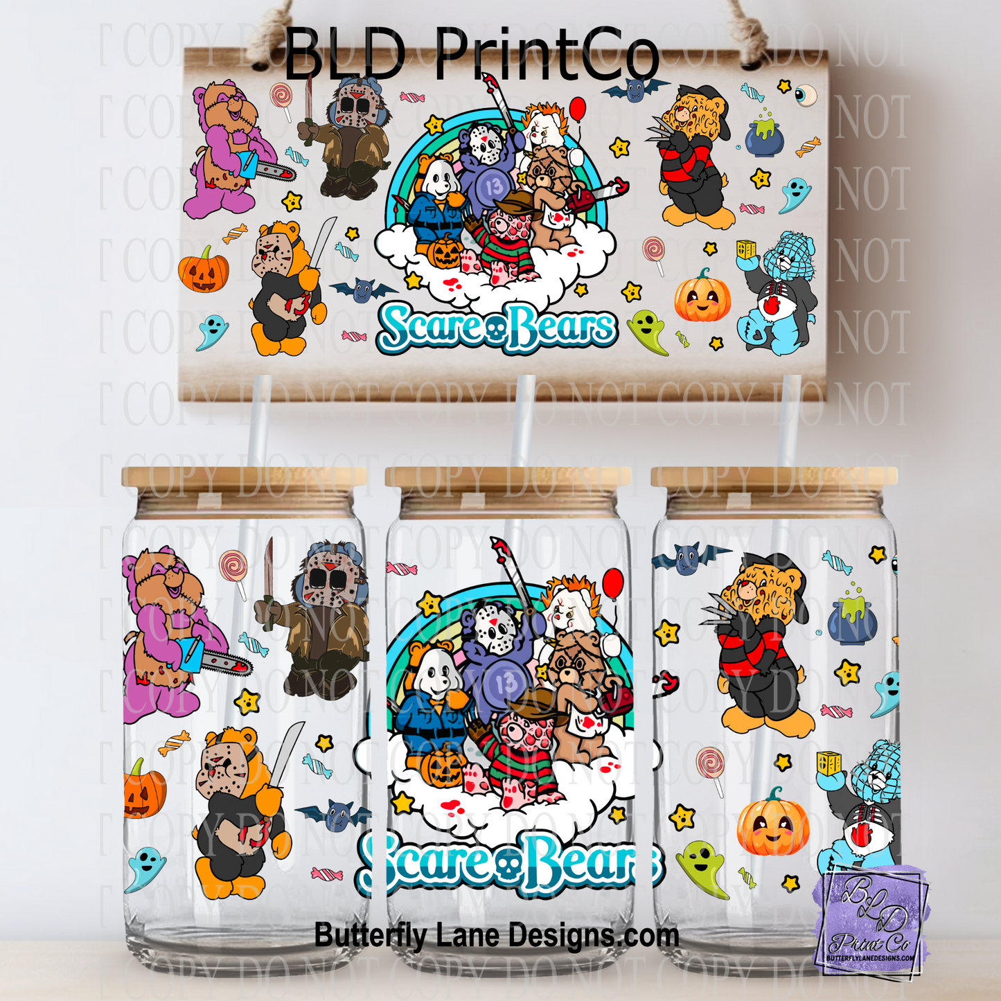 L621 Scare Bears UV DTF Libbey wrap