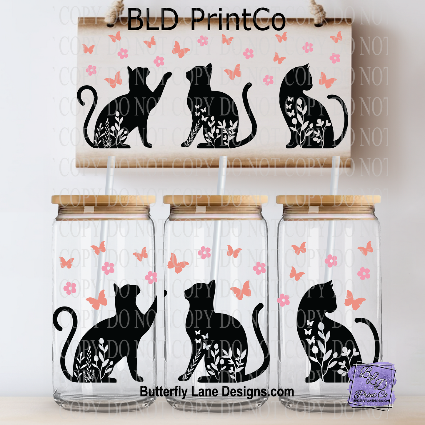 L776 Black cat floral and butterflies