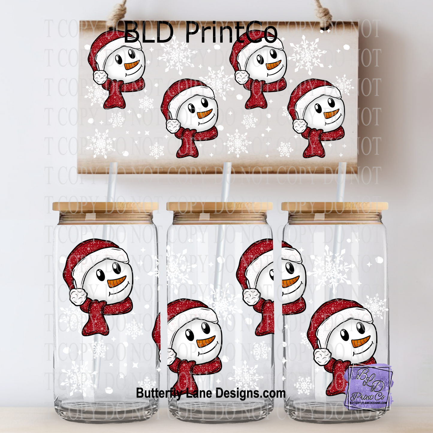 L890 Red hat snowman and snowflakes