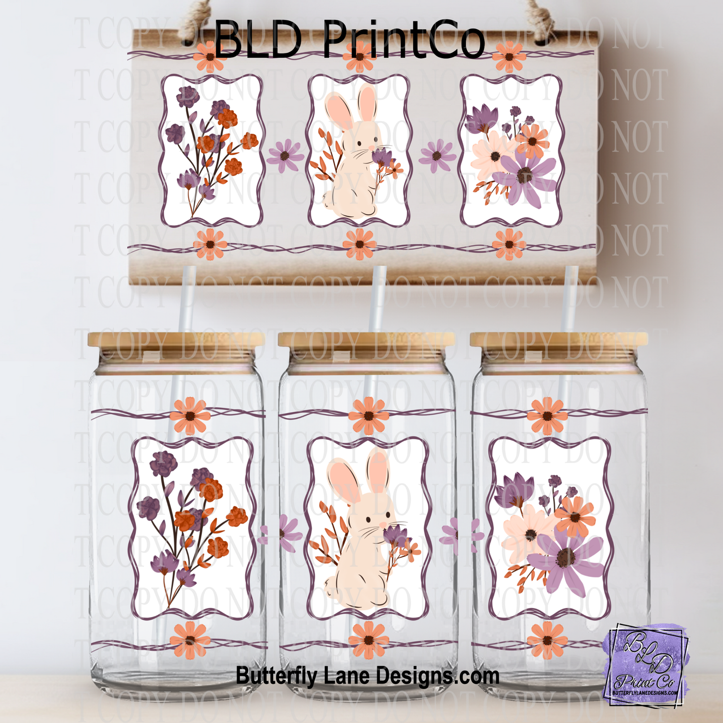 Spring Bunny Floral White Base | Retro Wildflower Rabbit Opaque Garden Frames | L975