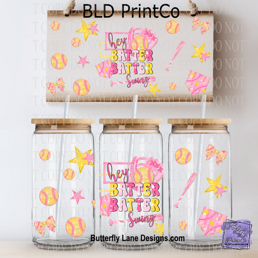 Hey Batter Batter Swing | Pink and Yellow Softball Sports Pattern | L977