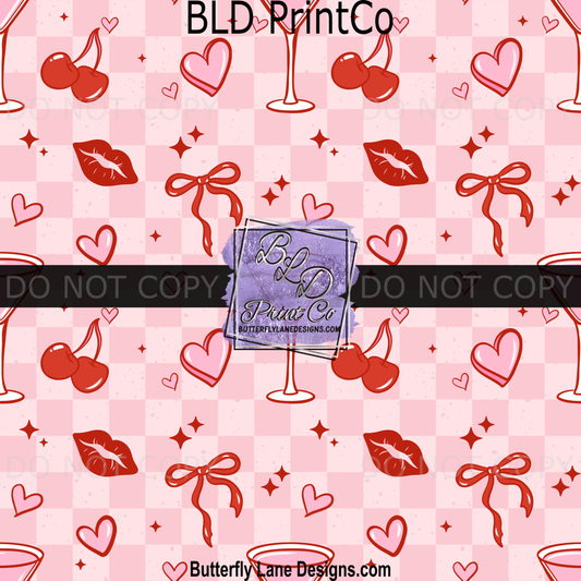 Be Mine Valentine’s Seamless Pattern - Pink Coquette Cherries & Bows Design PV 2331