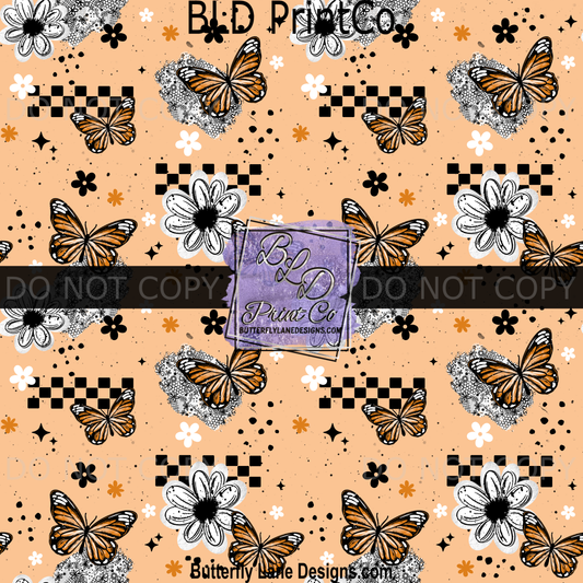 Butterfly & Daisy Seamless Pattern - Boho Orange Monarch & Checkered Design PV2333