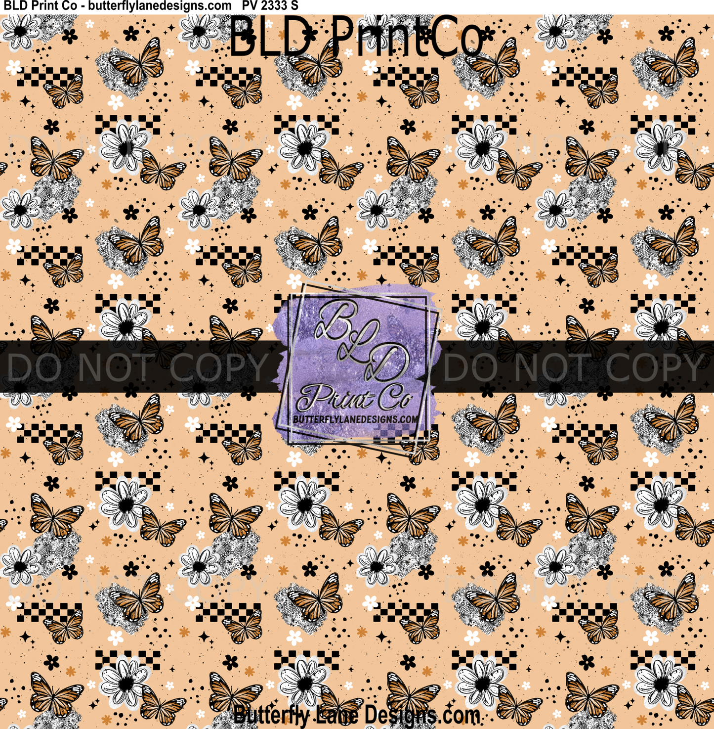 Butterfly & Daisy Seamless Pattern - Boho Orange Monarch & Checkered Design PV2333