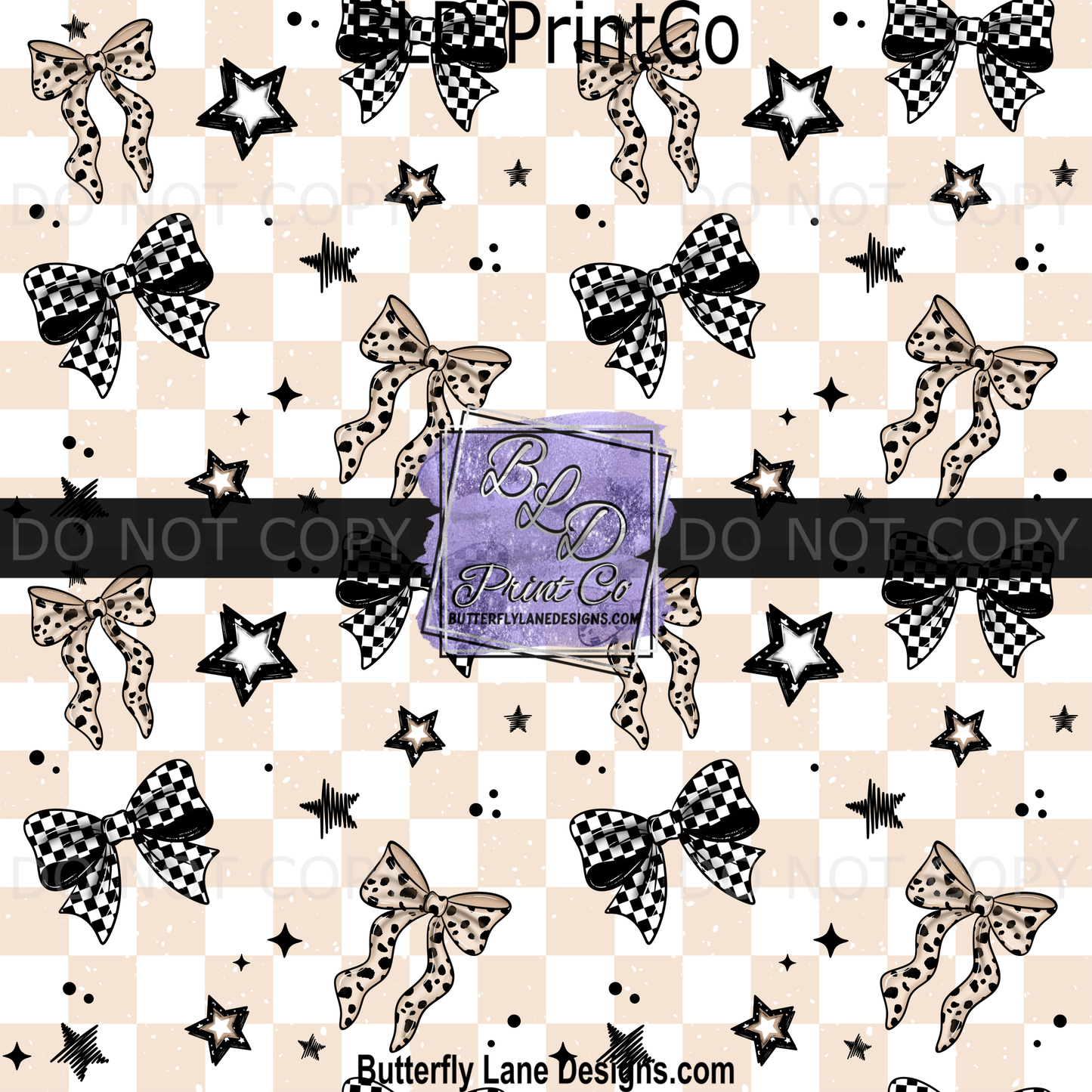 Checkered & Leopard Bows Seamless Pattern - Neutral Coquette Star Design PV2335