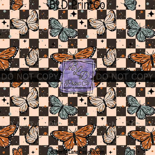 Moody Checkered Butterfly Seamless Pattern - Earthy Teal & Orange Monarch PV2336