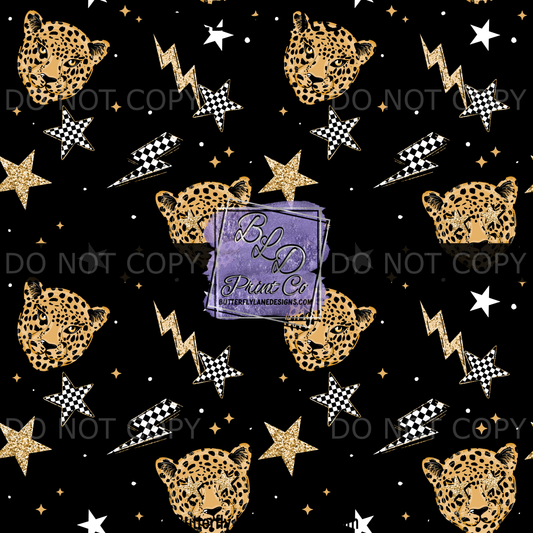 Cheetah Head & Lightning Bolt Seamless Pattern - Gold Star & Checker Bolt  PV2339