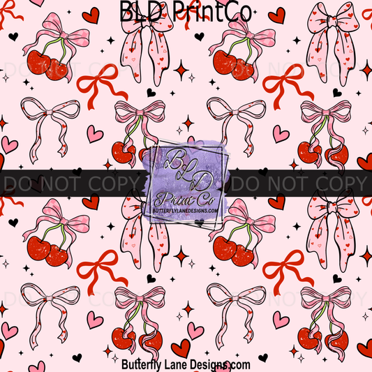 Cherry & Pink Bow Valentine Seamless Pattern - Coquette Heart & Ribbon PV2341