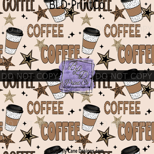 Coffee Stars & Leopard Seamless Pattern - Western Boho Coffee Cup Print PV2342