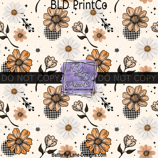 Orange Tan White Floral Print | Retro Daisy and Dot Design | PV 2363