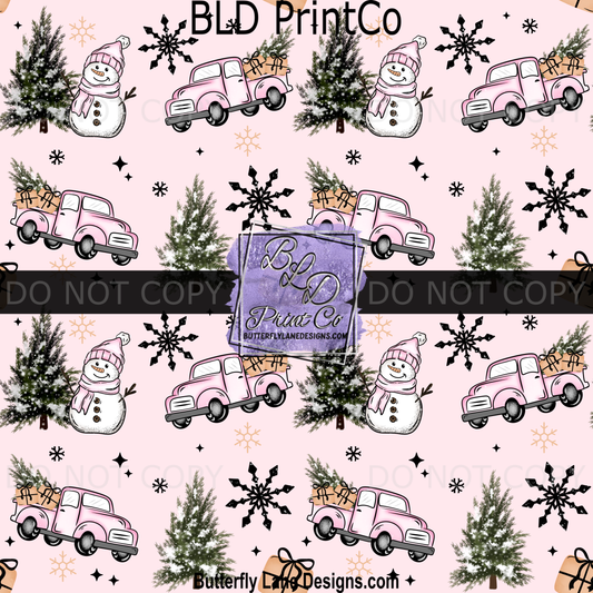 Pink Winter Truck Print | Snowman and Pink Pickup Design | PV 2364