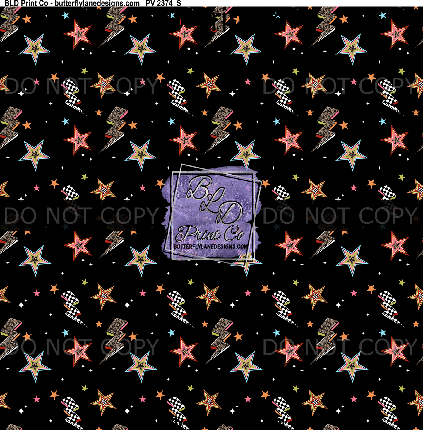 Stars and Bolts Print | Checkered Lightning and Colorful Star Design | PV 2374