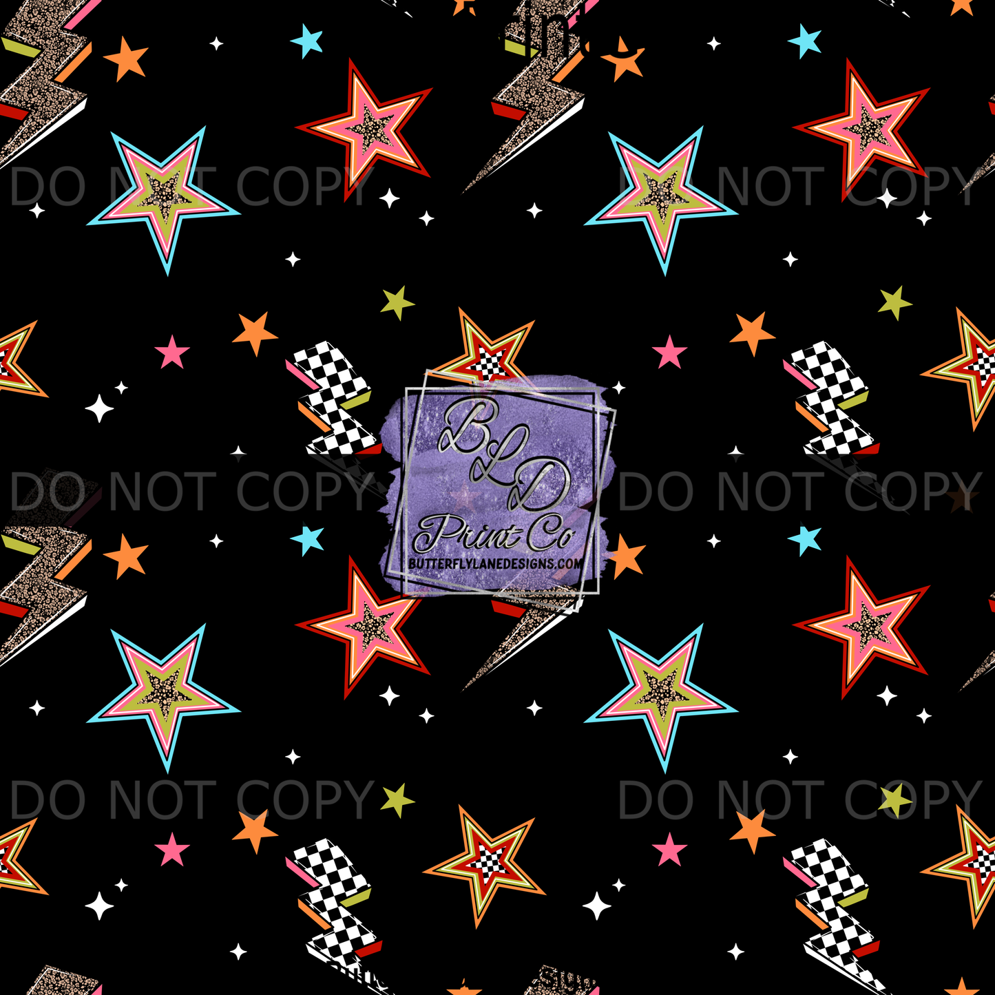 Stars and Bolts Print | Checkered Lightning and Colorful Star Design | PV 2374