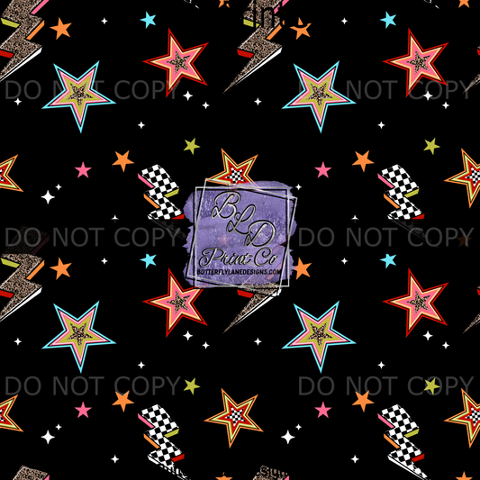 Stars and Bolts Print | Checkered Lightning and Colorful Star Design | PV 2374