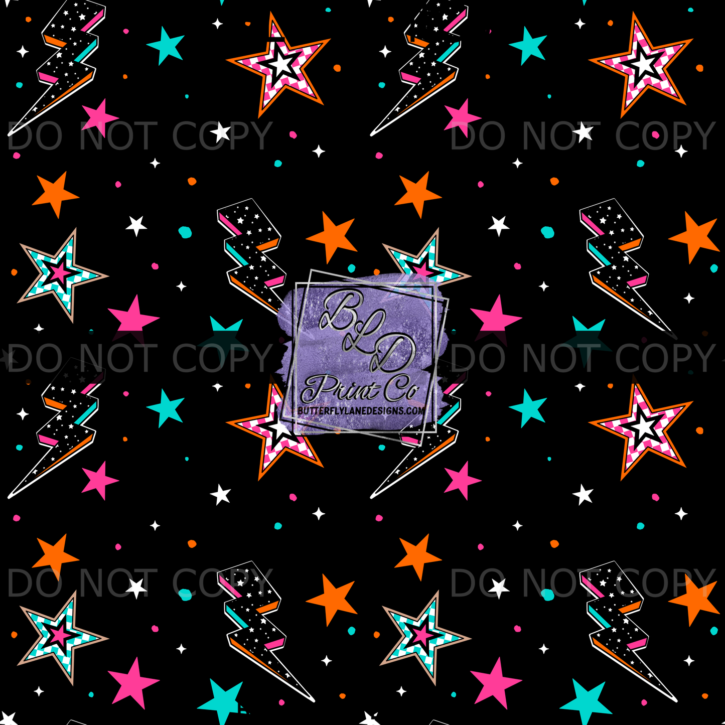 Dark Stars and Bolts Print | Neon Celestial and Lightning Design | PV 2375