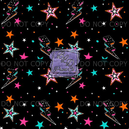 Dark Stars and Bolts Print | Neon Celestial and Lightning Design | PV 2375