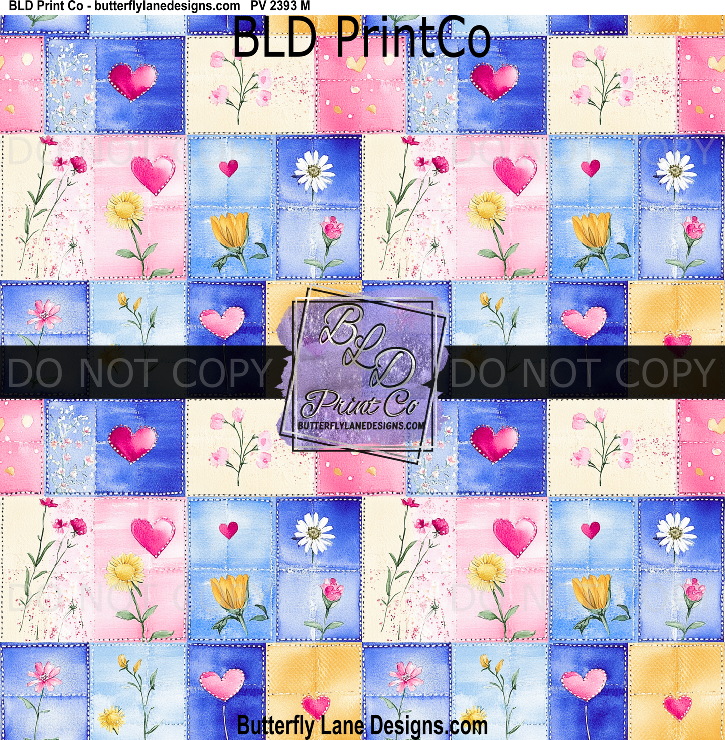 Watercolor Denim Patchwork | Pink Hearts & Yellow Wildflower| PV 2393