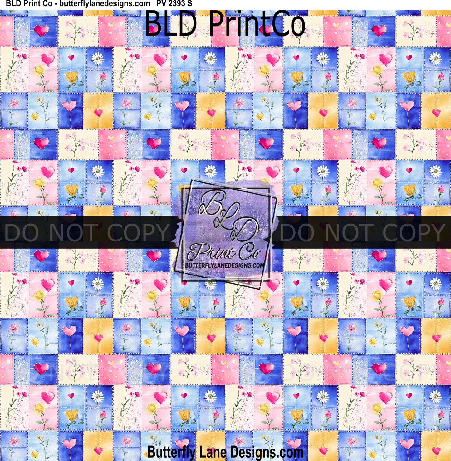 Watercolor Denim Patchwork | Pink Hearts & Yellow Wildflower| PV 2393